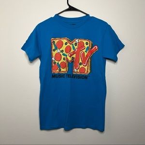 MTV Music Television Licensed Pizza Logo Size Small Blue T Shirt Pre-owned